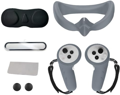 Juego de Fundas Protectoras de Silicona VR para PICO4 Ultra,VR Cubierta Facial/Funda de Agarre Mando/Tapa Protectora del Objetivo/Película templada para PICO4 Ultra,VR Funda Protectora (Gris)