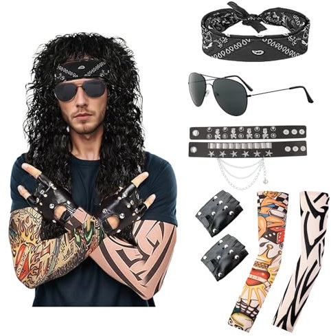 Werownsgso 7 Stück Rocker Outfit Herren, 70er 80er 90er Jahre Outfit Faschingskostüme, Rocker Accessories mit Perücken Ärmel Handschuhe Sonnenbrillen Kopftücher für Fasching Karneval Cosplay