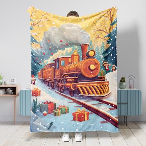 Coperta vintage a forma di treno colorato, in pile, per vacanze invernali, divano, campeggio, picnic, tutte le stagioni, 127 x 152 cm