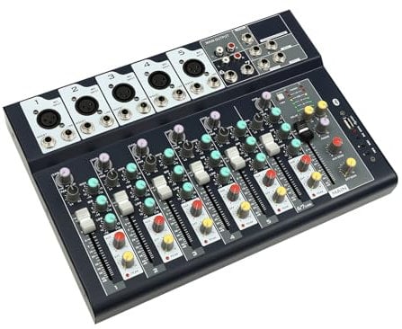 Audio Mixer Professioneller, 7 Kanal Stereo Sound Mischpult mit Dreifach-Frequenz-Equalizer, Audio-Mixer mit Eingang 48 V Phantomspeisung für Aufnahme DJ Bühne Musik