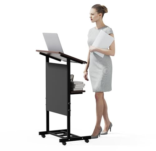 Rednerpult mit Rollen Stehpult Höhenverstellbares Minimalistisches Quadratisches Podium Rednerpult Tragbarer Rednerpultständer mit Ablagefläche und Getränkehalter für Präsentationen und Laptops