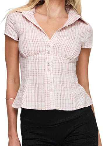 ensswliz Women Y2k Short Sleeve Plaid Shirts Button-up Collared Slim Fit Crop Tops Summer Casual Going Out Blouse Tops (A-Pink, M)