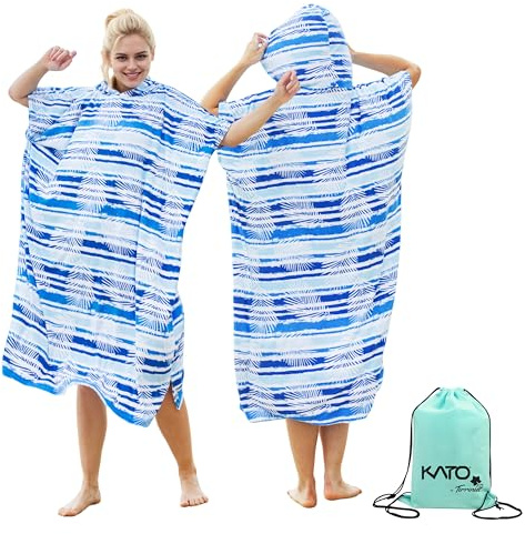 Kato Tirrinia Surf Poncho Umziehhilfe Strand für Damen Herren, Badeponcho mit Kapuze Absorbierender Winddichtes, Handtuch Poncho als Umziehhilfe für Surfer Schwimmen Camping Sauna Baden,Blaues Blatt