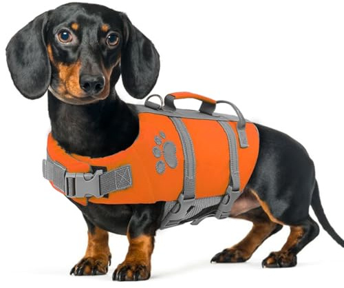 Queenmore Hundeschwimmweste, klein, reflektierend, mit Rettungsgriff | leicht Welpen-Schwimmweste für Chihuahua, Yorkie, Shih Tzu, Pudel Kajak Bootfahren (Orange, S)