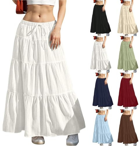 Women's Skirts Long Skirt High Waist Maxi Skirts Plus Size Ladies Elegant Casual Tired Swing Knee Length A Line Skirt White