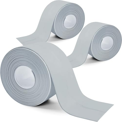 HTOBRIC 3 Rollen Dichtungsband Selbstklebend, Wasserdichtes Klebeband PVC Leisten Selbstklebend für Küche Spüle, Wandecke,Toilette, Badewanne, Feuchtigkeit und Verhindert Schimmel, 38mm x 3,2m (Grau)