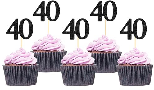 Sotpot 30 Pack Happy 40th Cupcake Toppers 40 Birthday Cake Decorations for 40th Birthday Wedding Anniversary Party Supplies Black Glitter