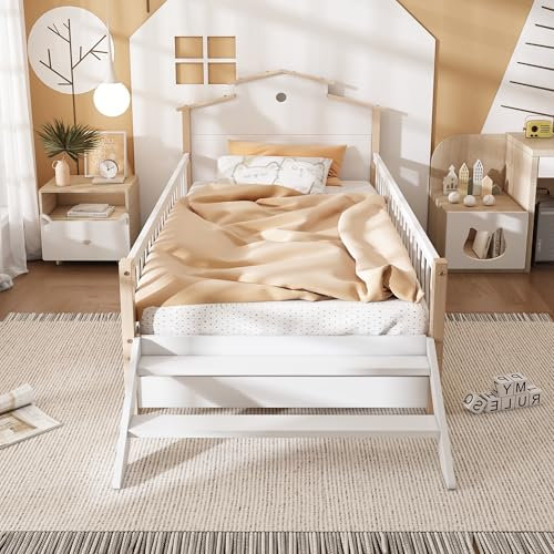 Wiuzo Kinderbett, Mit Fallschutz und Gitter, Mit Seitenleiter, Flachbetten, Holzbetten, Rahmen aus Kiefer, Heranwachsende und Erwachsene,Kiefer+MDF, Weiß+Natur, 90x200cm