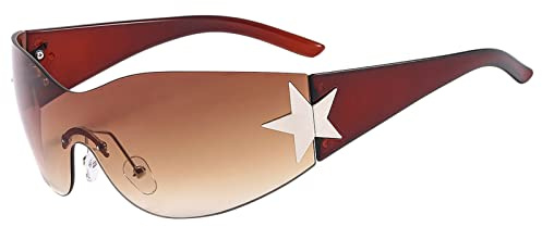 Trend Y2k Wrap Around Sonnenbrille für Damen Herren, Vintage Randlose Sonnenbrille Damen Groß mit Stern UV Schutz Mode Retro Rave Brille