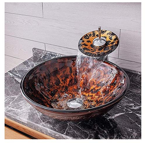 Lavandino in vetro temperato dipinto a mano con motivo a fiamma, rotondo sopra il bancone del bagno lavabo per vanità moderna
