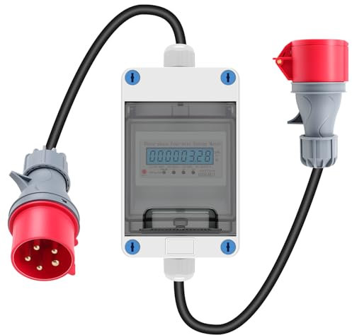 3 Phasen Mobiler Stromzähler, 32A 400V Mobiler Digitaler Stromzähler Mit CEE Stecker und Kupplung, Mobiler Digitalzähler Mit Mit Rückstellfunktion, 2m Kabel, IP44 Steckdosenadapter Zähler