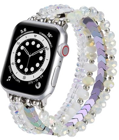 V.R.HOPE Correas de cuentas compatibles con correas de Apple Watch de 1.575 pulgadas, 1.614 pulgadas, 1.654 pulgadas, 1.496 pulgadas, para mujer, correa de perlas única y elegante para iWatch SE