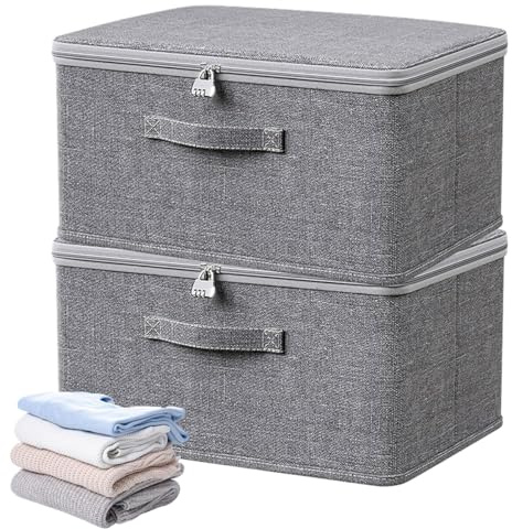 SUPRROW 2 Stück Abschließbare Box,Grau Kiste mit Schloss,Faltbare Verschließbare Box,für Bettwäsche Kleidung Süßigkeiten, Spielsachen(30x20x14 cm)