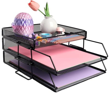 EasyOFC 2-Tier Mesh in Trays Desk Organiser,Office File Holder with Stationery Storage Paper Document Letter Organiser with Top Stationery Holder,Black