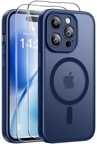Qasyfanc Funda para iPhone 14 Pro MAX Compatible con MagSafe, Azul Oscuro | Circulo Magnetico, 2 Protector Pantalla,Protección De Cámara, Carcasa Antigolpes, Anti-Arañazos Respaldo