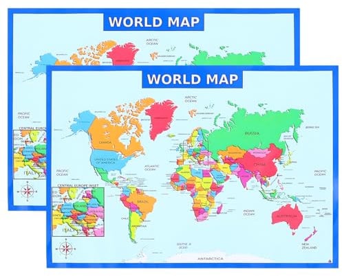 Alipis 2 pezzi Poster Mappa del Mondo per Scuola Murale Colorata e Antisfaldatura per Decorazione Aula e Camera Ragazzo Ragazza Ragazza