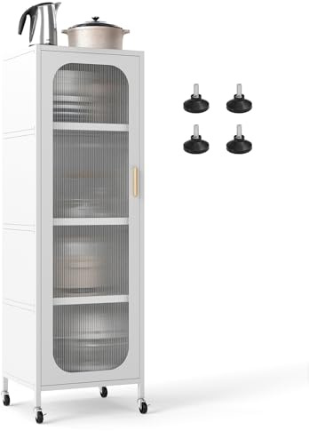 COSTWAY Estantería de Cocina de Acero de 5 Niveles, Despensa de Cocina Alta y Estrecha con Ruedas, Estantes Ajustables y Puertas Visibles, Mueble Auxiliar de Estantería para Salón, Entrada (Blanco)