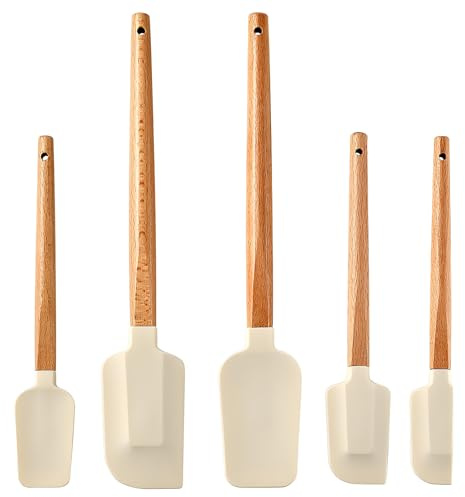 5 Stück Silikon Spatel Set, Teigschaber Klein Mit Holzgriff, Teigschabers Schmal Küche, Küchenutensilien zum Backen, Teigschaber Kochen und Mischen, BPA-frei (Weiß 1)