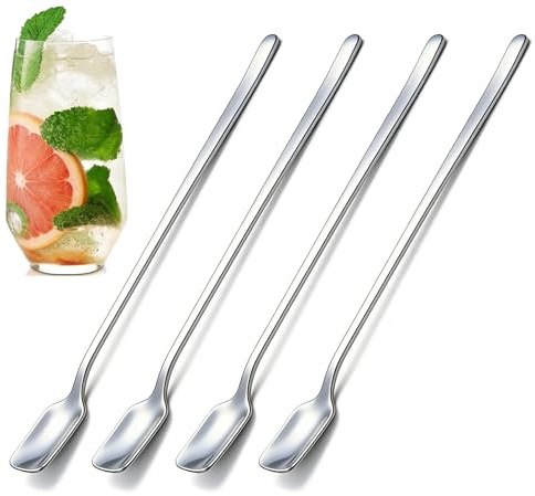 Long Handle Iced Tea Spoons Set of 4, 9.8 Stainless Steel Latte Stirring Spoons with Flat Head for Tall Glasses, Cocktails, Milkshake & Dessert | Mirror Polished, Dishwasher Safe