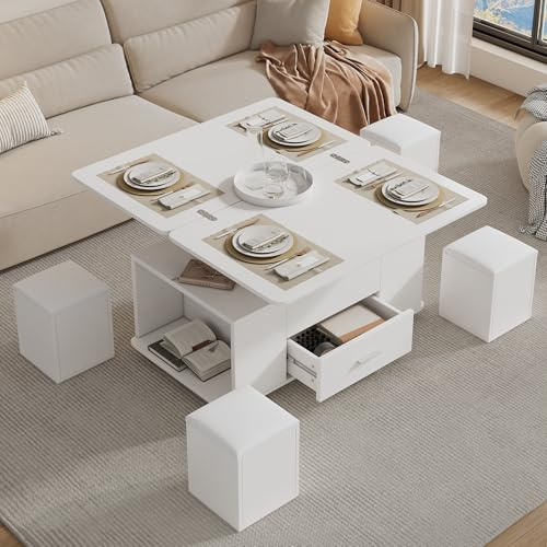 Merax Lift Top Coffee Table with Wheels, Convertible Dining Table with 4 Stools & Hidden Storage, Extendable Rising Coffee Table Work Desk, Space Saving Centre Table, White 100×50×45cm