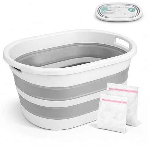 ForenTex Cesta Ropa Sucia Plegable 36L Cesto de Colada TPR PP Gris Blanco | Plegable en segundos, ahorra espacio, con 2 bolsas de lavado, asas reforzadas e interior lavable