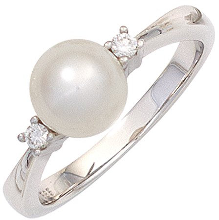 Jobo Damen Ring 585 Gold Weißgold 1 Süßwasser Perle 2 Diamanten Brillanten Perlenring Größe 58