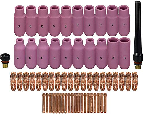 RIVERWELD WIG-Kollektorgehäuse, Aluminiumoxid-Düsen, Keramikkelche, 10N-Serie, TIG-Rückkappe 57Y, Sortiment mit verschiedenen Größen, Kit für SR WP 17 18 26 TIG-Schweißbrenner, 62 Stück