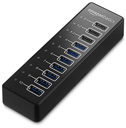 Amazon Basics USB-Hub, USB-A 3.1 Hub mit 10 Anschlüssen und Netzadapter - 65 W (20 V/3,25 A), Schwarz