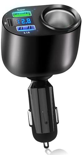 Distribuidor de mechero: 90W Cargador de Coche de 12 voltios DC Enchufe con PD3.0 y Super 3.1A Puerto múltiple, 12V Toma USB USB C Cargador Adaptador Coche con LED voltímetro para teléfono móvil GPS