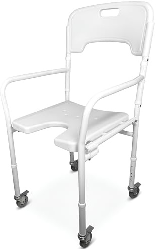 Sedia Doccia con 4 Ruote Girevoli con Freno - SHOWER – Altezza Regolabile, Schienale e Braccioli di Supporto, Struttura in Alluminio, Seduta Ergonomica – Dispositivo Medico Classe I