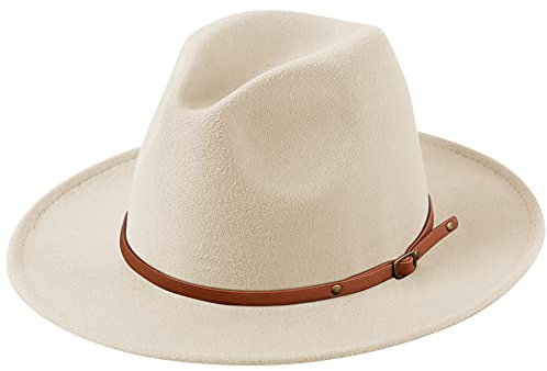 Lanzom Fedora-Hut für Damen, Retro-Mütze, breite Krempe, mit Gürtelschnalle, Wolle, X Belt-Beige, Einheitsgröße