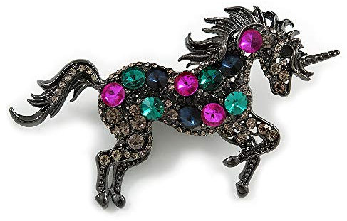 Broche licorne en cristal multicolore en métal noir – 8 cm de diamètre, taille unique, Pas de type de métal, diamante