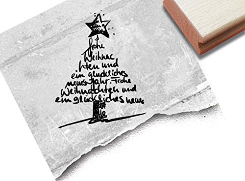 Stempel Weihnachtsstempel Frohe Weihnachten und ein glückliches neues Jahr, Baum - Textstempel Karten Geschenkanhänger Weihnachtsdeko - zAcheR-fineT (groß ca. 53 x 68 mm)