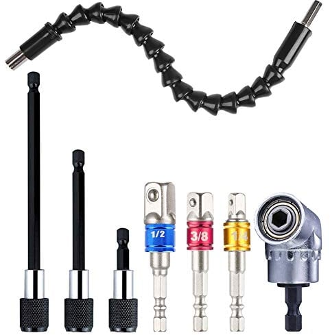1pcs 105° Winkelschrauber Vorsatz Adapter+1pcs Flexibler Bithalter Verlängerung+3pcs 1/4 Hex-shank Magnetische Bohrer Verlängerung Halter Bohrmaschine Verlängerungsstange+3pcs Stecknuss Adapter