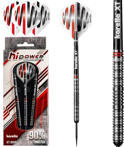 Karella HiPower 90% Tungsten Steeldart, 24g, für Klassische Dartscheibe, 3 Dartpfeile mit Metallspitze, Dartboard, Wolfram, Profidart mit Flight und Shaft