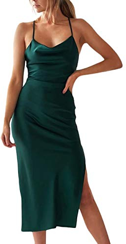 HAHAEMMA Damen Freizeitkleidung ärmellose Spaghettiträger Satin Kleid Cocktail Strand Abendparty Cowl Neck Dot Leopard Midi Kleider(BG,M)