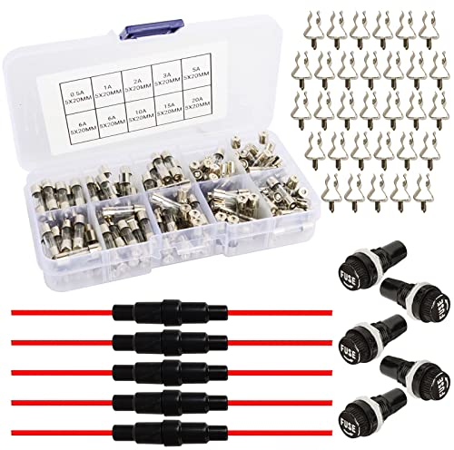 BeiLan 150 Stück 5×20mm Glassicherung 5pcs Inline-Schraub-Typ AGC-Sicherungshalter + 5pcs Plattenmontage Sicherungshalter +30pcs Sicherungssitz, Fast-Schlag Glassicherung Glasrohr Assortierte Kit