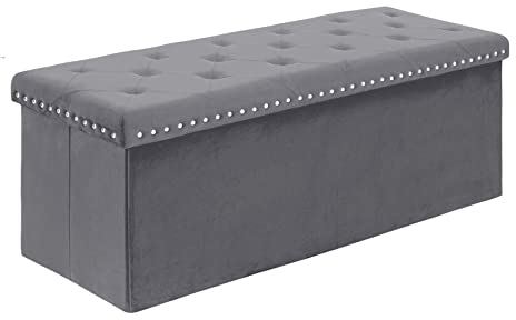 Bonlife Sitzbank mit Stauraum,Sitzhocker Truhen,klappbare Sitzbank,Hocker mit Deckel,Aufbewahrungsbox,Schlafzimmer Flur,Grau,Samt,110x40x40cm