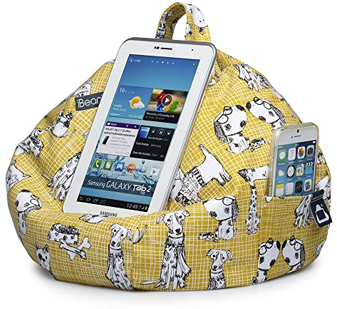 iBeani iPad and Tablet Cushion Stand - Bean Bag Holder For All Devices - Securely Holds at Any Angle on Any Surface - Handy Side Pocket - Range of Designs - Dog & Bone