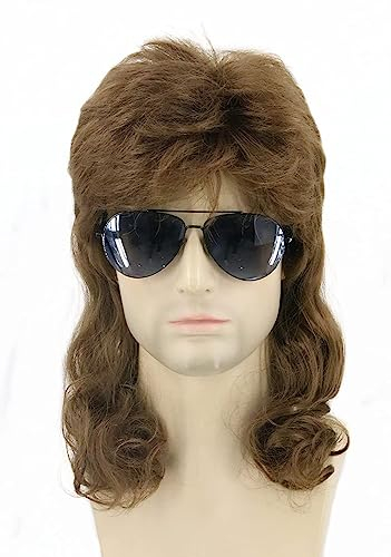 Topcosplay Perücke Herren Damen 70er 80er Vokuhila Perücke Proll Perücke für Fasching, Karneval, Halloween (Braun-Lockig Perücke)