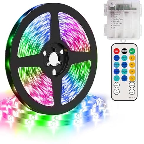 CCILAND 5M Strip Lights Battery Powered, 150 LED Lights Strip with Remote, 8 Modes, Timer, Outdoor Waterproof Self-Adhesive LED Tape Lights for Kitchen Bedroom Cabinet Decor (Multicolor)
