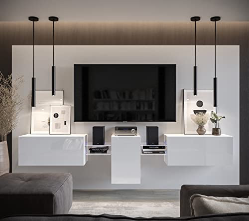 Furnitech Wohnwand Wohnzimmer | Hängend Wohnwand Modern | Wohnzimmer Schrankwand mit Regale und TV Schrank | Wohnzimmer Möbel ohne LED (AN98-21W-HG2-1B)