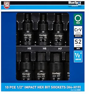 Blue Spot Tools 10 llaves de vaso hexagonales de impacto de 1/2 PCE (H4-H19)