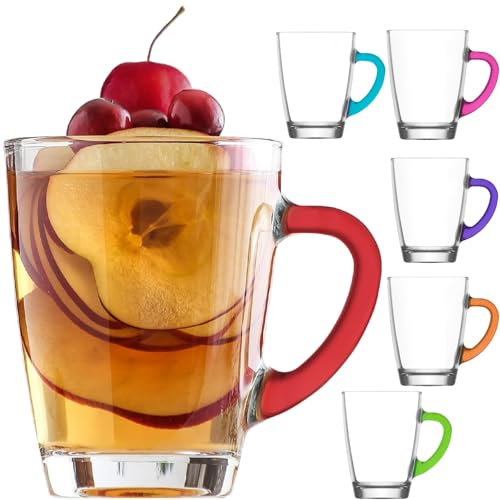 Hakan Kaffeetassen aus klarem Glas für heiße Getränke, 300 ml, Lav Vega-Teetassen mit bunten Griffen, Glas-Teetassen, Kräutertee, Kaffee, Espresso, Cappuccino, Latte-Tasse, Muttertagsgeschenk, 6 Stück