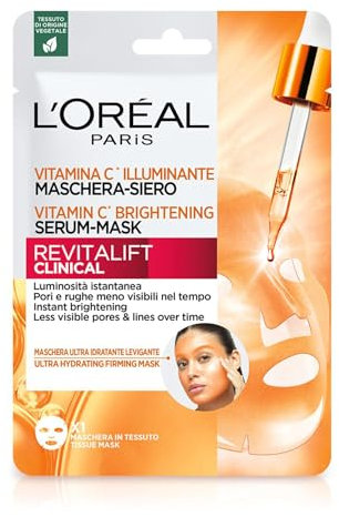L'Oréal Paris Maschera-Siero Idratante in Tessuto, Con Vitamina C, Effetto Illuminante, Per Pelle Più Luminosa e Pori Meno Visibili, Revitalift Clinical, 26 g
