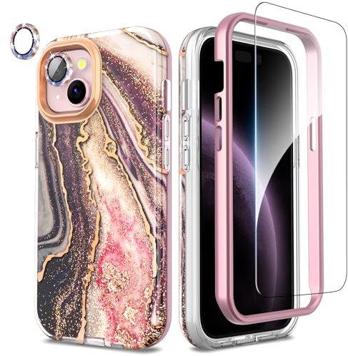 SHEDEER 4-in-1 iPhone 15 Case with Screen Protector + Bumper & Camera Protector | Military-Grade Shockproof 360° Protection, 15 Phone Case Glossy Fade-Resistant Pattern Design (Black)