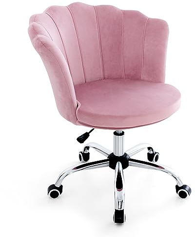 RELAX4LIFE Bürostuhl Samt, Drehstuhl Höhenverstellbar, Schreibtischstuhl mit Rollen & Muschel-Rückenlehne, Schminkstuhl Gepolstert, Computerstuhl für Wohnzimmer Schlafzimmer Büro (Rosa)