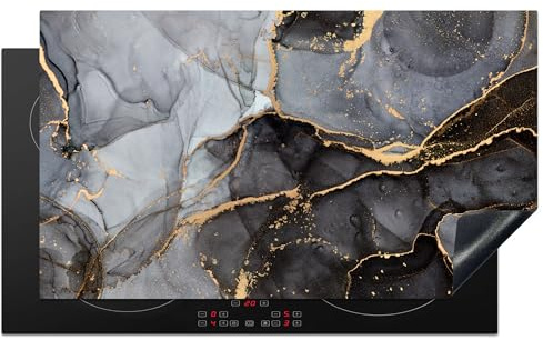 KitchenYeah© Induction Hob Cover Protector Mat Kitchen Universal Ceramic | 20.5x35.9 / 91.2x52 cm - Covers for Electric Cookers Vinyl Marble - Abstract - Gold - Grey
