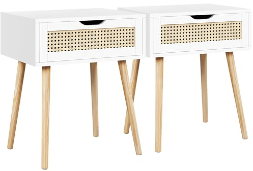 Yaheetech Nachttisch 2er Set Beistelltisch Rattan Nachtkommode mit Schublade Schlichter Boxspringbett Nachtschrank Holzbeine Sofatisch Nachtkonsole 48,5 cm L × 41 cm B × 57,5 cm H, Weiß