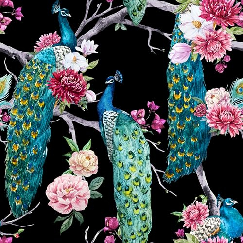 ReWallpaper 44.5cm×12m Peacock Wallpaper Pink Black Wallpaper with Flowers Sticky Back Plastic Patterned Blue Paste The Wall Wallpaper Floral Pink for Living Room Kitchen Wallpapers Peel and Stick